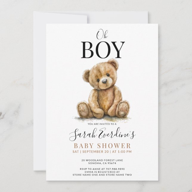 Oh Boy Teddy Bear Watercolor Baby Shower  Invitation (Front)