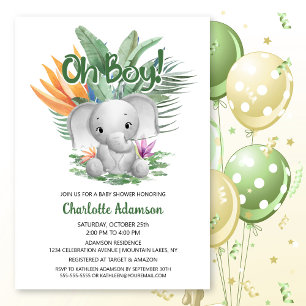 Oh Boy! Tropical Grey Baby Elephant Baby Shower Invitation