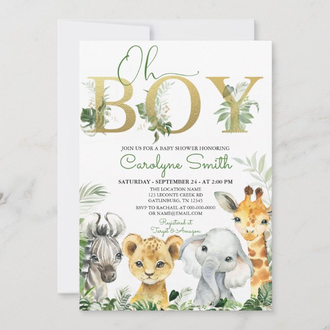 Oh Boy Tropical Jungle Animals Baby Shower Invitation (Front)