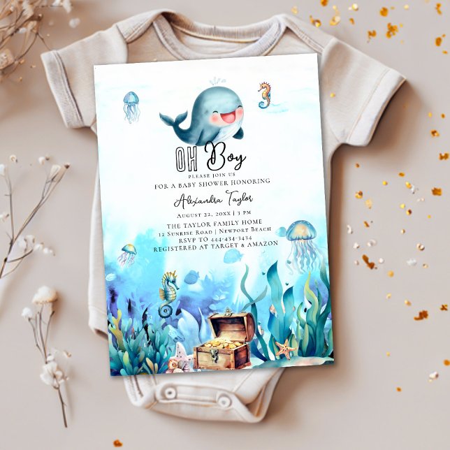 Oh Boy Under Sea Cute Whale Ocean Baby Shower Invitation (Creator Uploaded)