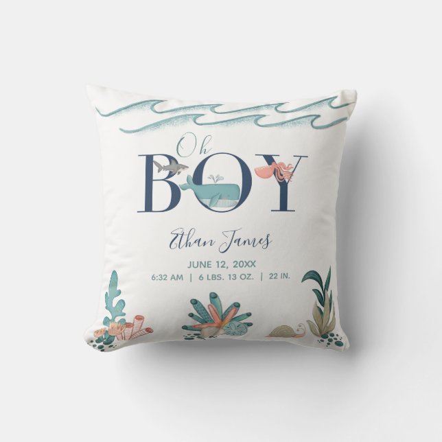 Oh Boy Under the Sea Octopus Baby Birth Stats Cushion (Front)