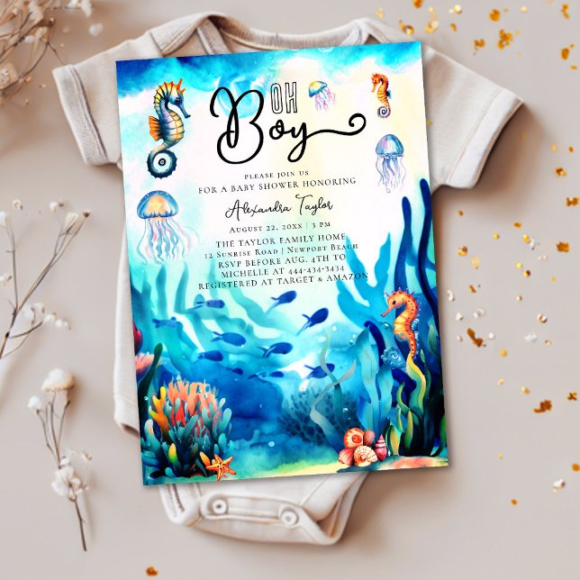 Oh Boy Under the Sea Seahorse Ocean Baby Shower Invitation (Creator Uploaded)
