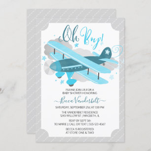 Oh Boy Vintage Aeroplane Baby Shower Blue and Grey Invitation