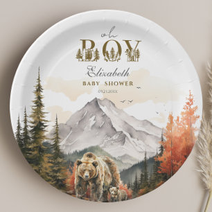 Oh Boy Watercolor Autumn Bear Mountain Baby Shower Paper Plate