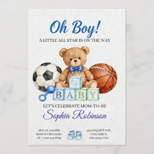  "Oh Boy" Watercolor  Baby Shower Invitation