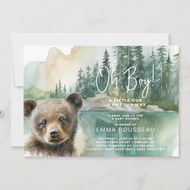 Oh Boy Watercolor Bear Cub Baby Shower Invitation (Front)