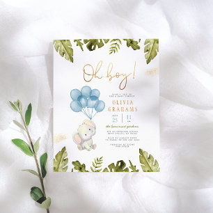 Oh Boy Watercolor Elephant & Leaves Baby Shower Postcard