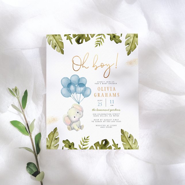 Oh Boy Watercolor Elephant & Leaves Baby Shower Postcard (Creator Uploaded)