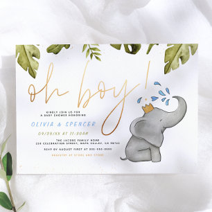 Oh Boy Watercolor Elephant Sprinkle Baby Shower Invitation