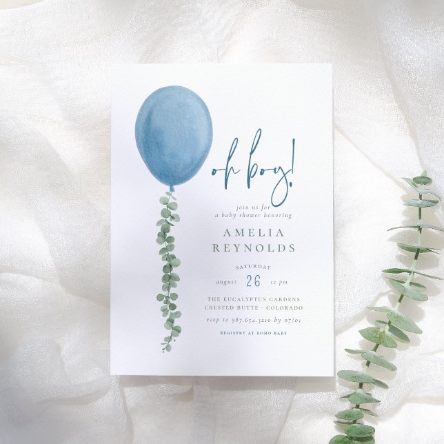 Oh Boy | Watercolor Eucalyptus Balloon Baby Shower Invitation (Creator Uploaded)
