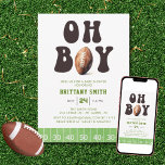 Oh Boy Watercolor Football Baby Shower Invitation<br><div class="desc">Oh Boy! A baby boy is on the way. This baby shower invitation features a football sports theme. The title text is a groovy retro 70s font with a watercolor football. The bottom border is a watercolor football yard line.</div>