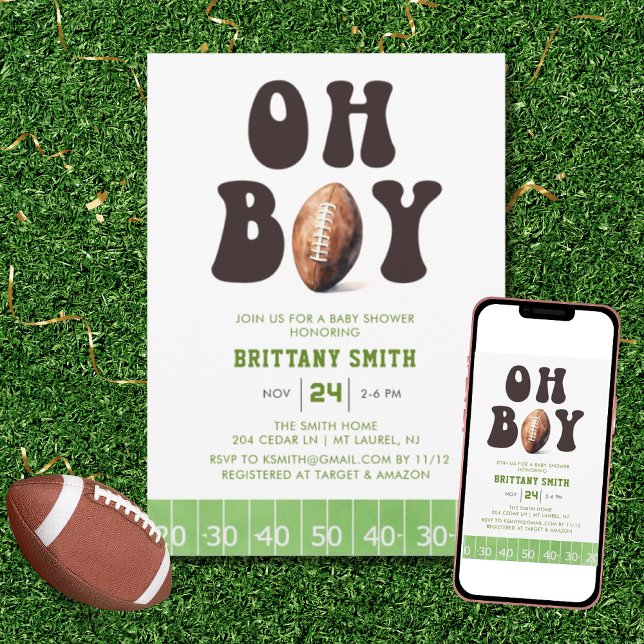 Oh Boy Watercolor Football Baby Shower Invitation (Creator Uploaded)