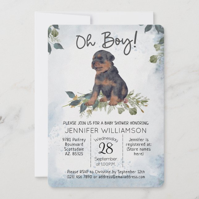 Oh Boy! Watercolor Puppy Dog Baby Shower Invitation (Front)