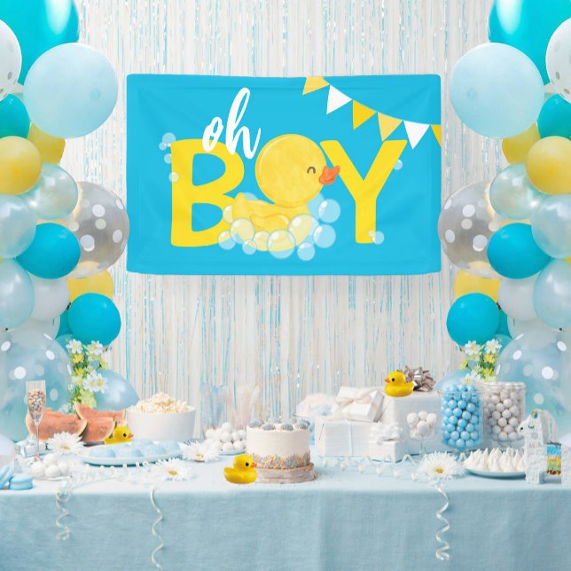 Oh Boy Watercolor Rubber Duck Baby Shower Banner (Oh Boy Watercolor Rubber Ducky Baby Shower Hanging Vinyl Banner in Blue)