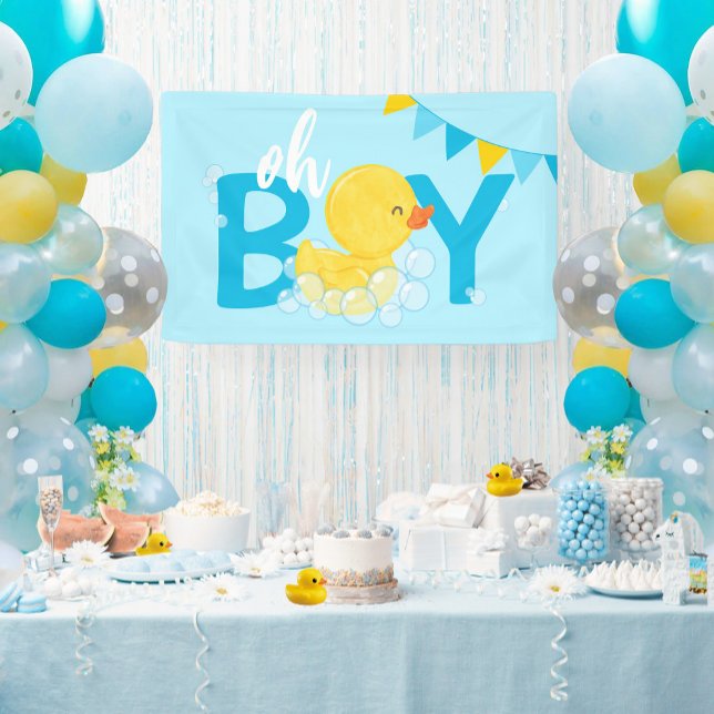 Oh Boy Watercolor Rubber Duck Baby Shower Banner (Oh Boy Watercolor Rubber Ducky Baby Shower Hanging Vinyl Banner in Baby Blue)