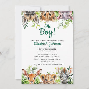Oh Boy Watercolor Safari Animals Baby Shower Invitation