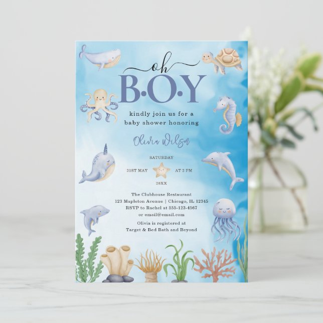 Oh Boy Watercolor Under The Sea Baby Shower Invitation (Standing Front)