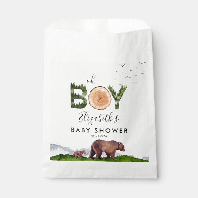 Oh Boy Watercolor Woodland Bear Baby Shower  Favour Bags (Front)