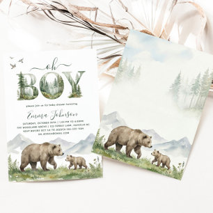 Oh Boy Watercolor Woodland Bear Baby Shower Invitation