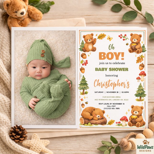 Oh Boy Watercolor Woodland Bear Baby Shower Invitation (Oh Boy Watercolor Woodland Bear Baby Shower Invitation)