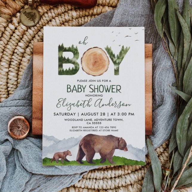 Oh Boy Watercolor Woodland Bear Baby Shower  Invitation (Creator Uploaded)