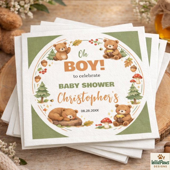 Oh Boy Watercolor Woodland Bear Baby Shower Napkin (Oh Boy Watercolor Woodland Bear Baby Shower Napkins)