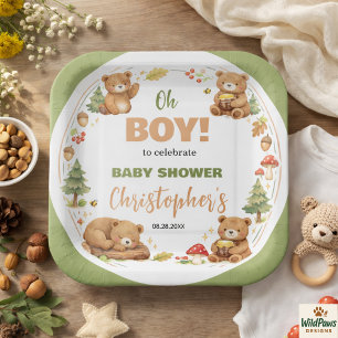 Oh Boy Watercolor Woodland Bear Baby Shower Paper Plate