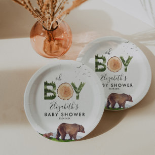 Oh Boy Watercolor Woodland Bear Baby Shower  Paper Plate