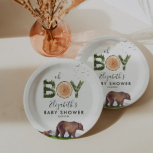 Oh Boy Watercolor Woodland Bear Baby Shower  Paper Plate