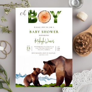 Oh Boy Watercolor Woodland Bear Forest Baby Shower Invitation