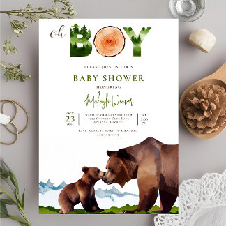 Oh Boy Watercolor Woodland Bear Forest Baby Shower Invitation
