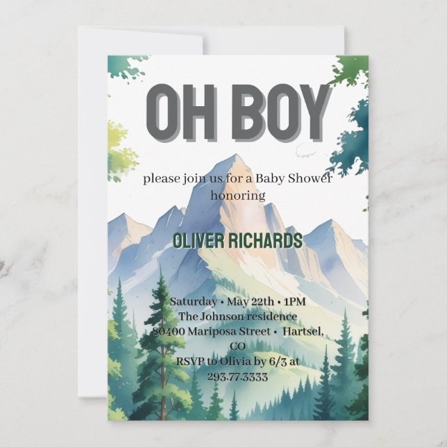 Oh Boy Watercolor Woodland Mountain Baby Shower  Invitation (Front)