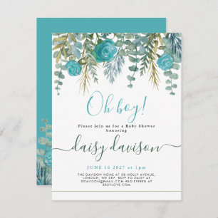 Oh Boy watercolour floral Baby Shower Invitation