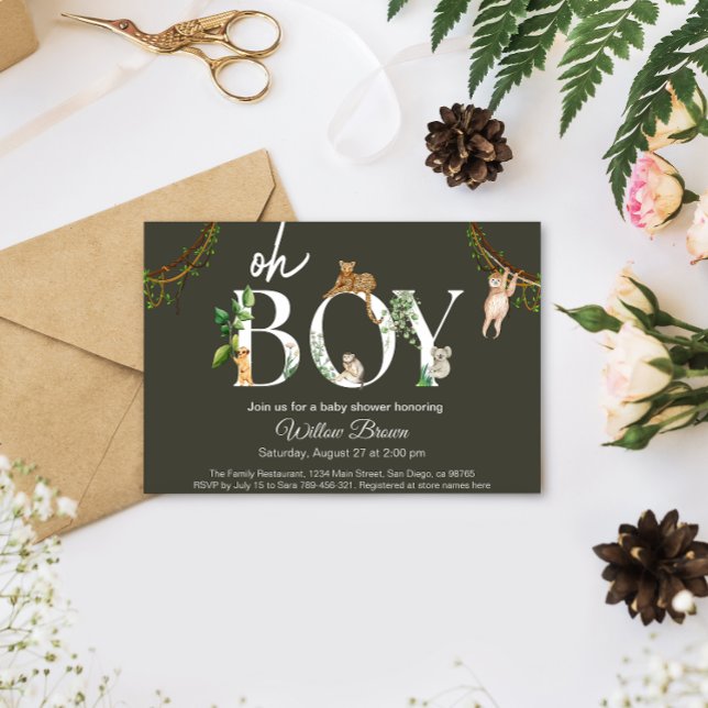Oh Boy Wild Safari Animal Jungle Boy Baby Shower Invitation (Oh Boy Safari animal jungle baby shower card)