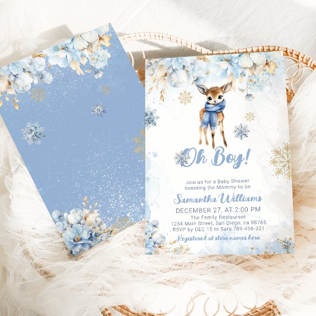 Oh Boy Winter Blue Floral & Deer Baby Shower Invitation (Creator Uploaded)