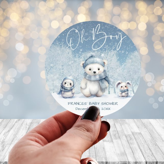 Oh Boy Winter | Woodland Baby Shower Classic Round Sticker (Creator Uploaded)