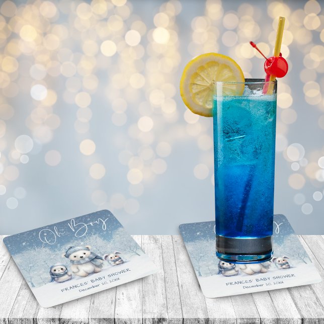 Oh Boy Winter | Woodland Baby Shower Square Paper Coaster (Creator Uploaded)