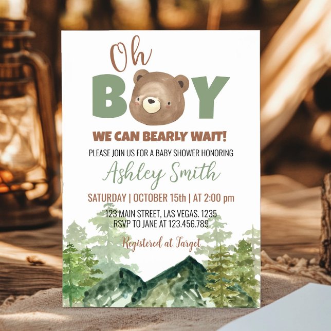 Oh Boy Woodland Bear Baby Shower Invitation (Creator Uploaded)