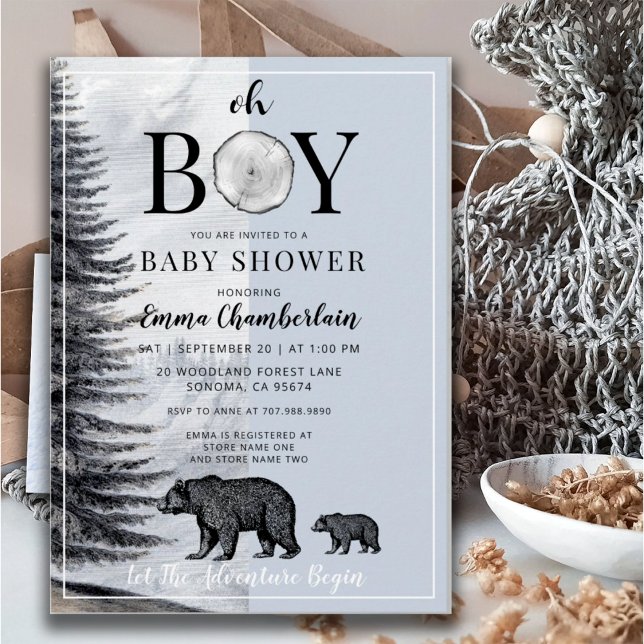 Oh Boy Woodland Bears Boy Baby Shower Invitation (Creator Uploaded)