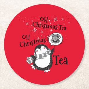 Oh Christmas Tea Penguin Art - Tea Lover Round Pap Paper Coaster