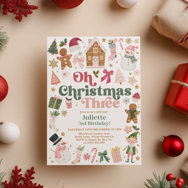 Oh Christmas Three 3rd Birthday Xmas theme Festive Invitation (Oh Christmas Three! Christmas themed 3rd birthday party Kids party)