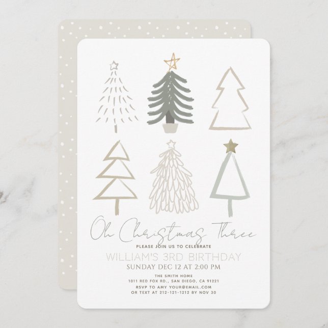 Oh Christmas Three Boho Green Trees 3rd Birthday Invitation (Front/Back)