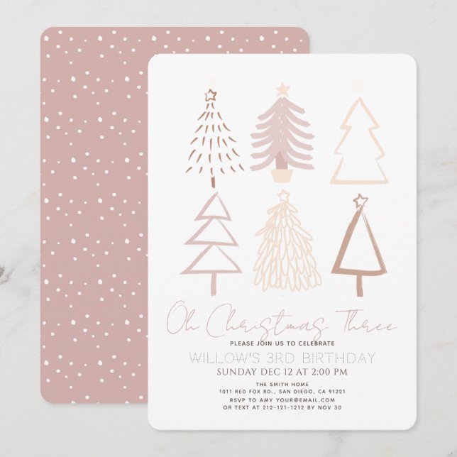 Oh Christmas Three Boho Pink Trees 3rd Birthday Invitation (Front/Back)