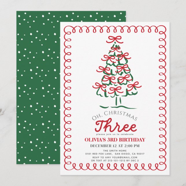 Oh Christmas Three Green Tree 3rd Birthday Invitation (Front/Back)