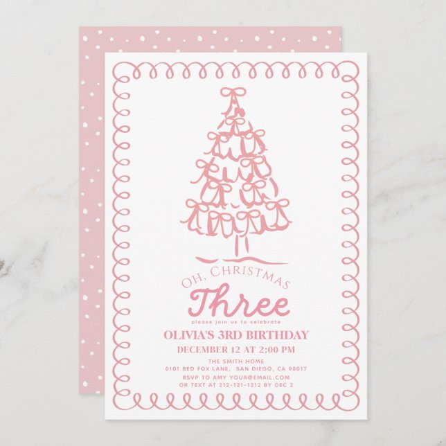 Oh Christmas Three Pink Bow Tree 3rd Birthday Invitation (Front/Back)