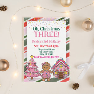 Oh Christmas Three, Pink Holiday 3rd Birthday Invitation