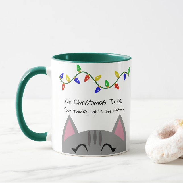 Oh Christmas Tree Tabby Cat & Lights Mug (With Donut)