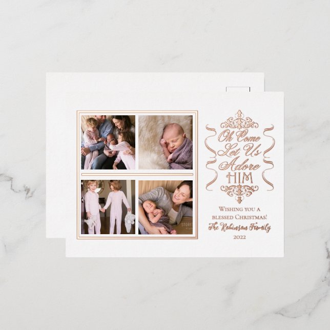Oh Come Let Us Adore Him 4 Photo Christmas Foil Holiday Postcard (Front/Back)