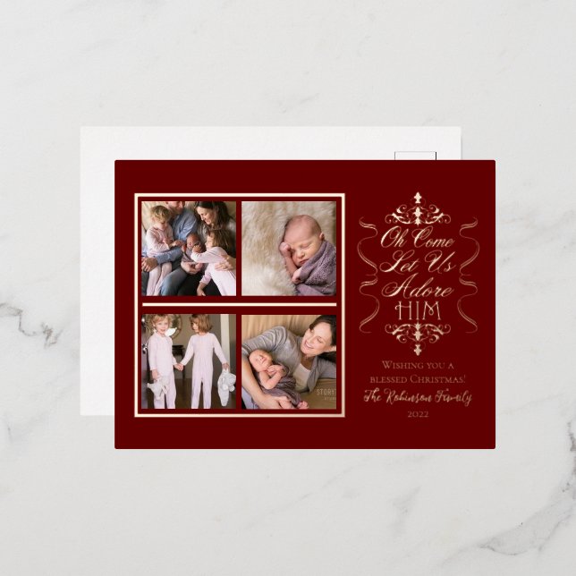 Oh Come Let Us Adore Him 4 Photo Christmas  Foil Holiday Postcard (Front/Back)