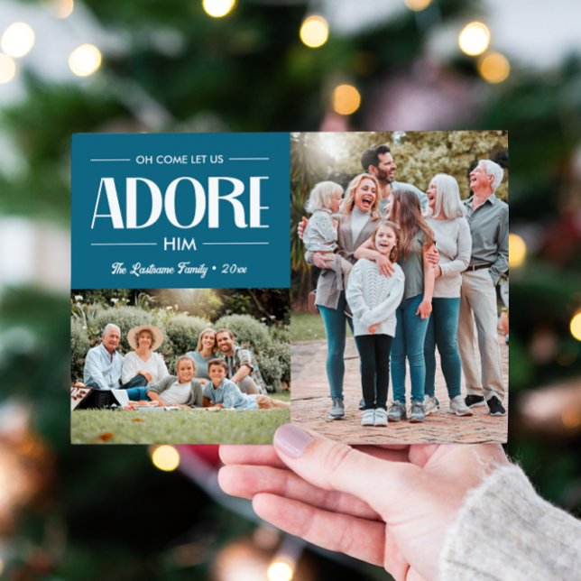 Oh Come Let Us Adore Him BLUE Christian 2 Photo  Holiday Card (POWDER BLUE 2 PHOTO TEMPLATE CHRISTMAS CARD OH COME LET US ADORE HIM RELIGIOUS CHRISTIAN GREETINGS)